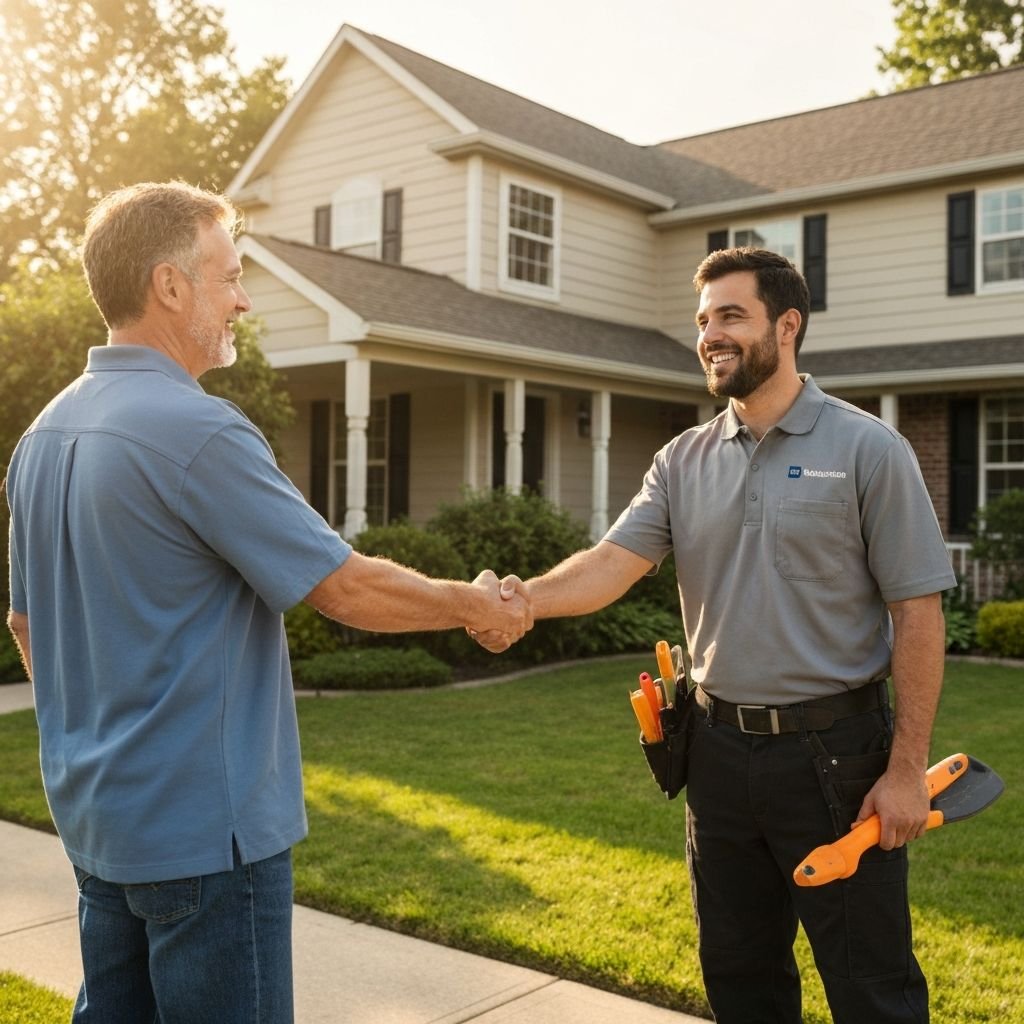Happy customer shaking hands with a service technician